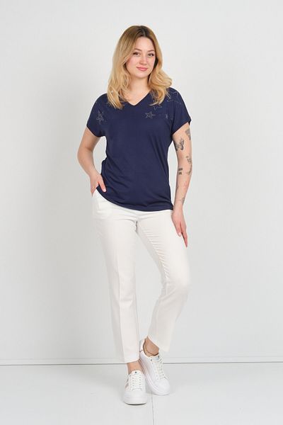 ELLA CAMELIA Women's Low Sleeve Stone Decorated V-Neck Blouse 24E105 Navy Blue
