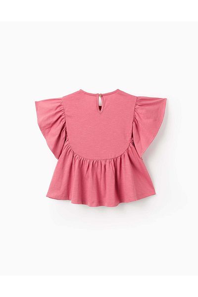 Ziddy T-shirt with Ruffles and Cross-Stitch Print for Girls, Pink