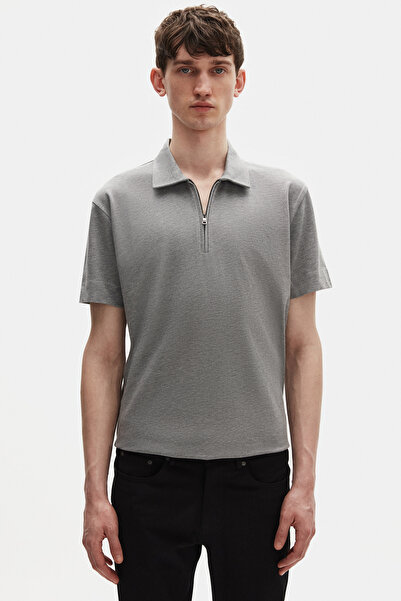 Tween Relaxed Fit Gri Yarım Fermuarlı Polo Yaka Yazlık T-Shirt