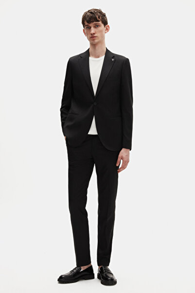 Tween Slim Fit Siyah Armürlü Yünlü Takim Elbise