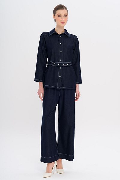 Olcay Jachetă cu detaliu cu centură Pantaloni Set denim ALBASTRU ÎNCHIS 9344-TK