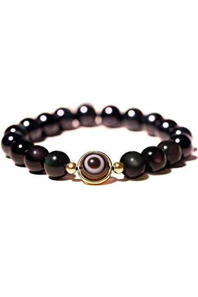 craftmystic Bratara din obsidian negru si ochi natural de agat - bratara feng shui pentru protectie si noroc