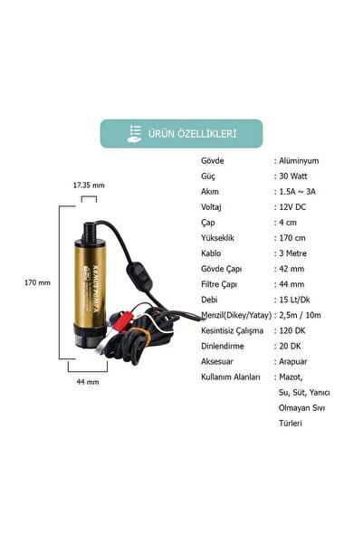 Genel Markalar Kızılırmak 12 Volt Alüminyum Dalgıç Tipi Sıvı Aktarma Pompası (FİLTRELİ ARAPUAR)