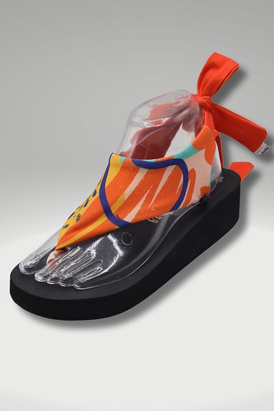 CATCHY Top-Changing Women's Sandals - Black Thick Sole Orange Patterned with Laces