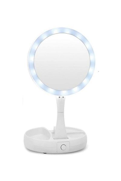 rexa مرآة مكياج دائرية قابلة للطي وإضاءة LED باللون الأبيض