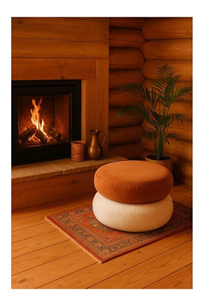 schane home Yuvarlak BEYAZ&TURUNCU YerMinderi 55 cm FERMUARLI Konforlu Oturum Yumuşak Kumaş İÇ VE DIŞ KULLANIM