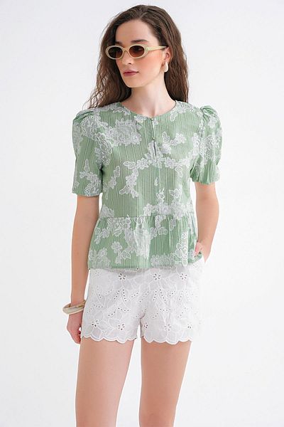 Mixray 4701 Γυναικεία φλοράλ εμπριμέ μπλούζα Peplum Çağla