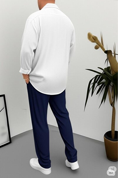 NO 601 Men's White Wrinkled Shirt Navy Blue Trousers Suit