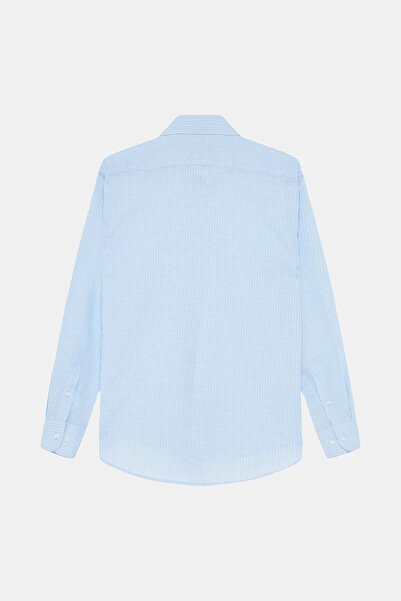 W Collection MAVİ UZUN KOLLU ÇİZGİLİ PAMUK/KETEN GÖMLEK