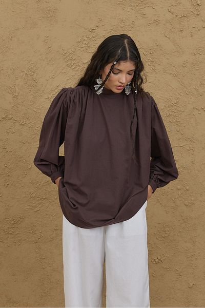 Fahhar Shirring Detailed Shirt Brown
