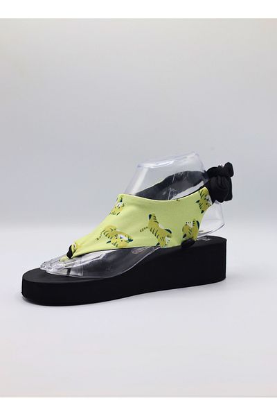 CATCHY Top-Changing Women's Sandals - Black Thick Sole Green Cat Pattern with Laces