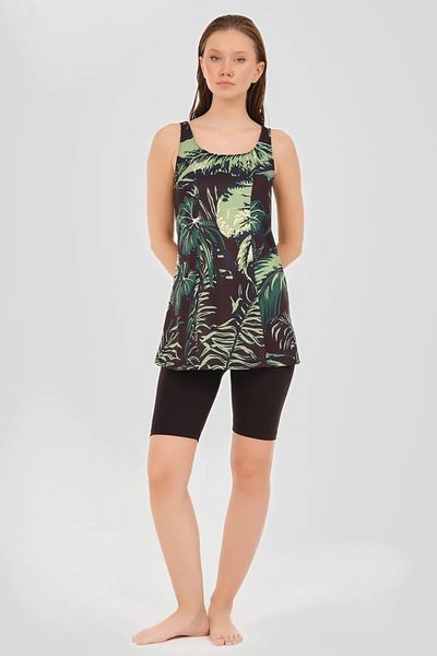 Bordomix 24902 Women's Black Green Leaf Patterned Sleeveless Tights Swimsuit