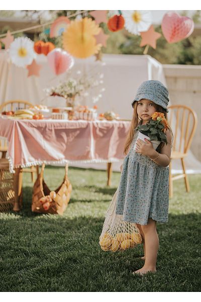 Kirazkids Rochie de culoare albastră cu detaliu guler din țesătură prosop cu model de lalele