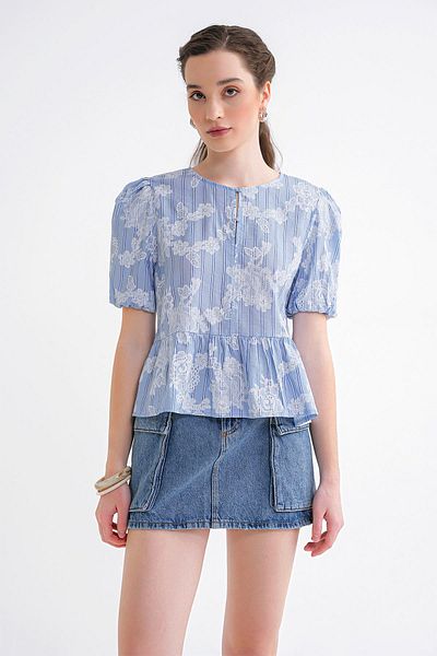 Mixray 4701 Γυναικεία φλοράλ εμπριμέ Peplum Μπλούζα Μπλε