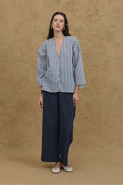 Fahhar Striped Kimono Shirt Navy Blue