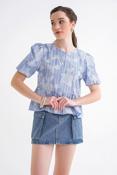 Mixray 4701 Γυναικεία φλοράλ εμπριμέ Peplum Μπλούζα Μπλε