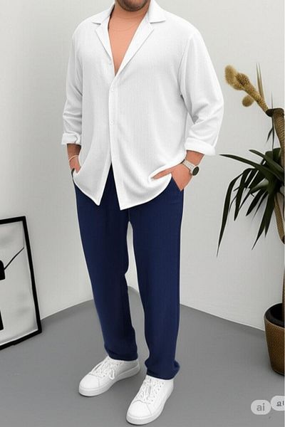 NO 601 Men's White Wrinkled Shirt Navy Blue Trousers Suit