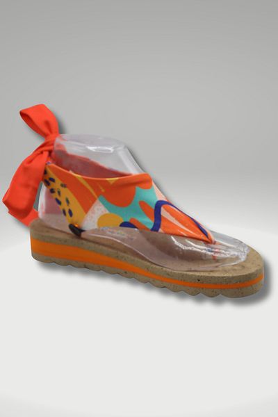 CATCHY Top-Changing Women's Sandals - Thick Wooden Sole Orange Patterned with Laces