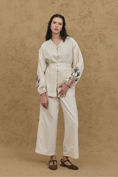 Fahhar Πουκάμισο με ραβδώσεις Lotus Embroidered Natural