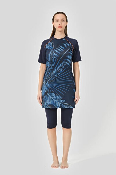 Bordomix 24708 Women's Navy Blue Floral Patterned Short Sleeve Semi-Covered Swimsuit