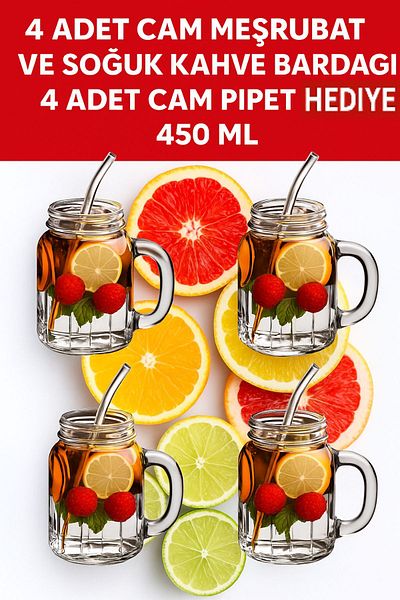 Open Home Concept Set of 4 Glass Cups with Handles, Straw Gift Model Cocktail Cold Coffee Soft Drink Glasses 450 ml