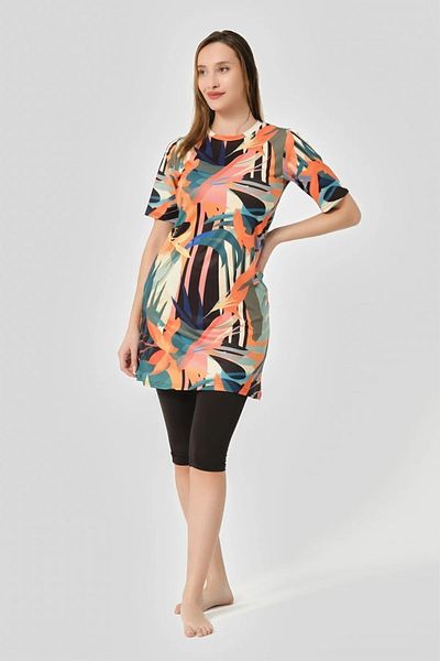 Bordomix 24712 Women's Black Leaf Patterned Short Sleeve Semi Covered Swimsuit