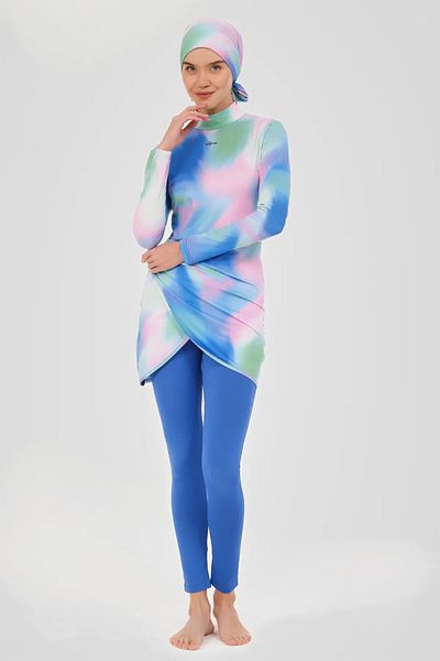 Bordomix 24617 Women's Blue Abstract Patterned Wrap Skirt Look Hijab Swimsuit