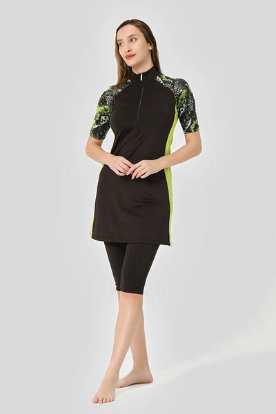 Bordomix 24710 Women's Green Detailed Zipper Closure Short Sleeve Semi-Covered Swimsuit