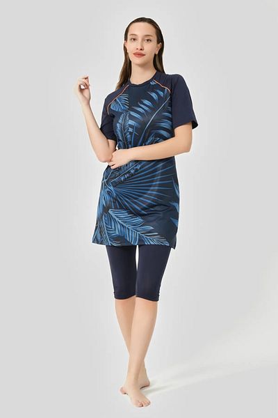 Bordomix 24708 Women's Navy Blue Floral Patterned Short Sleeve Semi-Covered Swimsuit
