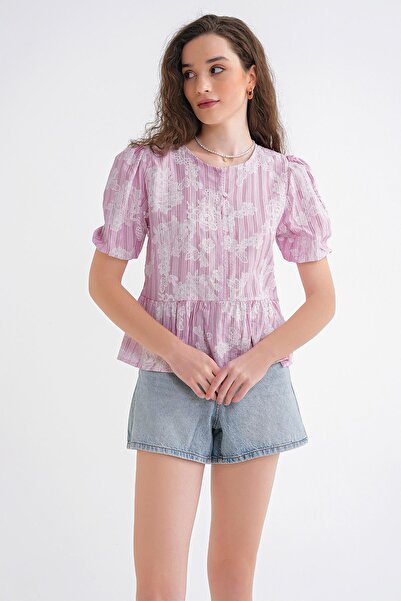 Mixray 4701 Γυναικεία φλοράλ εμπριμέ μπλούζα Peplum Ροζ