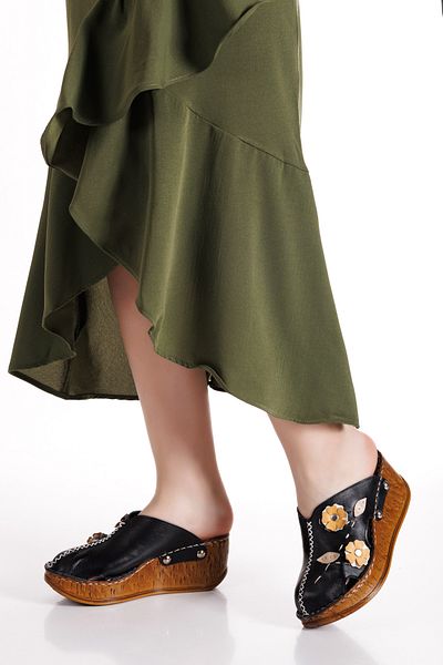 Ender Inside Out Genuine Leather Wedge Heel Sabo Model Closed Front Women's Slippers
