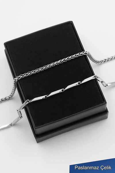 TREND COLLECTİON سوار رجالي أنيق من الفولاذ المقاوم للصدأ A+ فضي 316L (قطعتان)