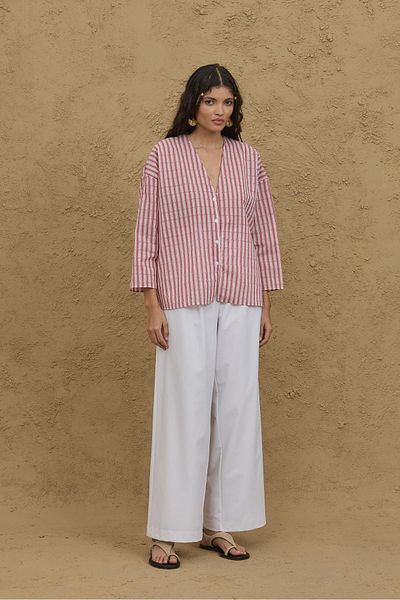 Fahhar Striped Kimono Shirt Claret Red