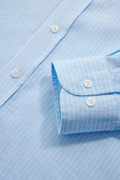 W Collection MAVİ UZUN KOLLU ÇİZGİLİ PAMUK/KETEN GÖMLEK