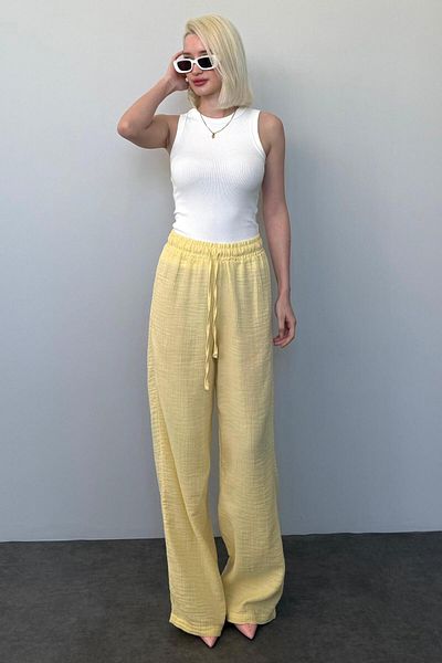 Madmext Yellow Wide Leg Muslin Women's Trousers Mg1980