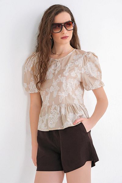Mixray 4701 Γυναικεία φλοράλ στάμπα Peplum μπλούζα πολύτιμος λίθος