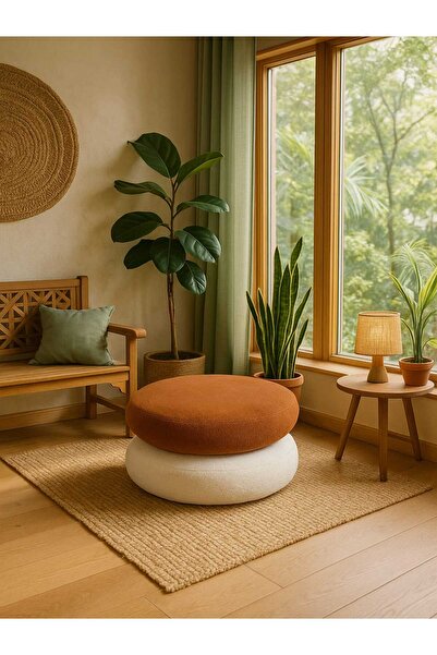schane home Yuvarlak BEYAZ&TURUNCU YerMinderi 55 cm FERMUARLI Konforlu Oturum Yumuşak Kumaş İÇ VE DIŞ KULLANIM