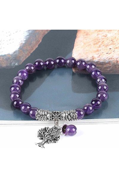 craftmystic Bratara din pietre semipretioase 8mm Ametist- Pandativ cu Arborele vietii