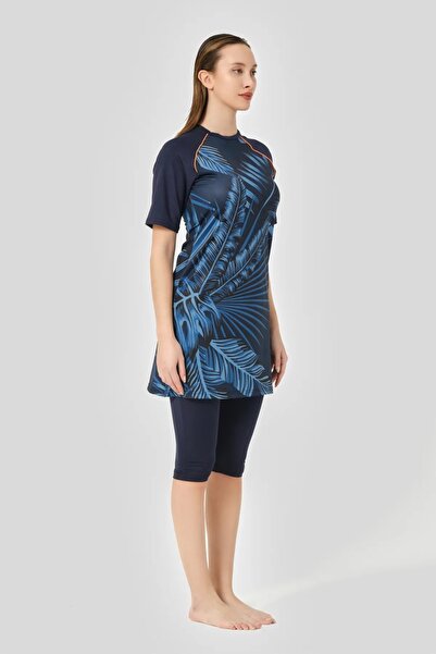 Bordomix 24708 Women's Navy Blue Floral Patterned Short Sleeve Semi-Covered Swimsuit