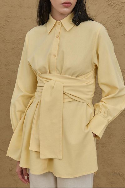 Fahhar Wide Belted Linen Shirt Yellow