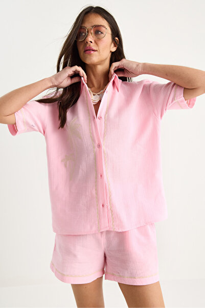 Bianco Lucci Women's Palm Embroidered Comfortable Shirt Pocket Detailed Shorts Muslin Bottom-Top Set G28-4884 60283359