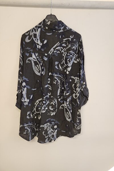 della moor Anthracite Women's Italian Shawl Pattern Foldable Low Sleeve O Oversized Linen Shirt Tunic