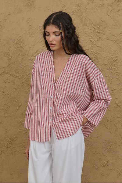 Fahhar Striped Kimono Shirt Claret Red