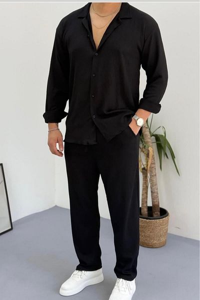 NO 601 Men's Black Wrinkled Shirt Black Pantalon Suit
