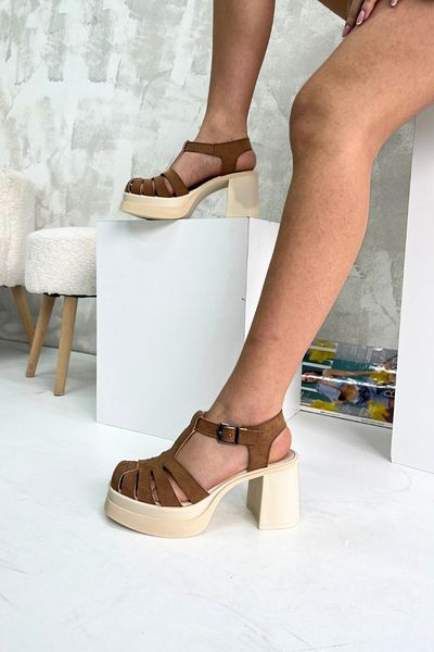 inizio Tan Suede Thick Heeled Women's Sandals P9012