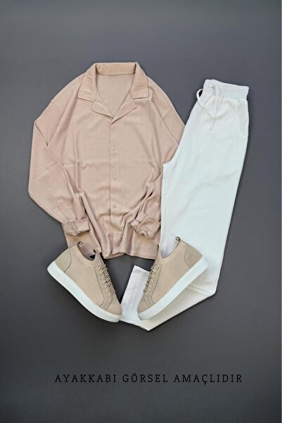 NO 601 Set pantalon alb cămașă înfășurată bej pentru bărbați