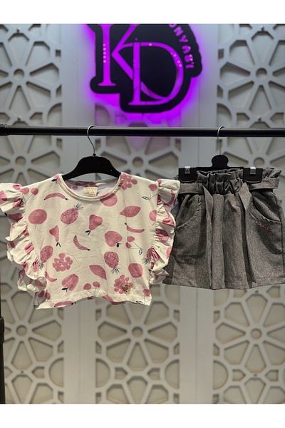 KUMRUNUN DÜNYASI Short Sleeve T-Shirt Crop and Shorts Girls' Bottom Top Set