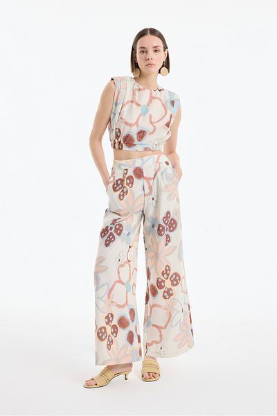 Quzu Colorful Floral Patterned Wide Linen Trousers Natural