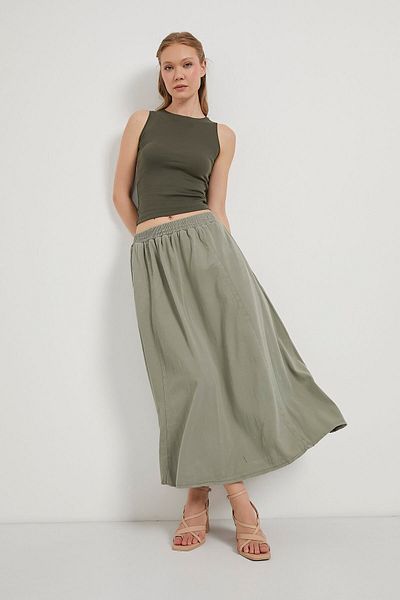 Arma Life Women's Elastic Waist Maxi Length Long Khaki Flared Skirt