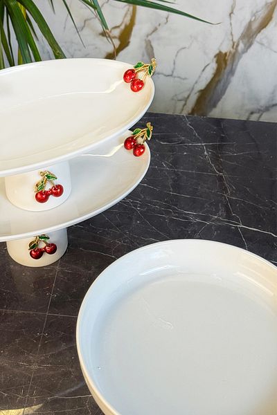 MAY HOME Cherry Figured Porcelain Footed Presentation Plate & Cake Cookie Appetizer Serving Stand